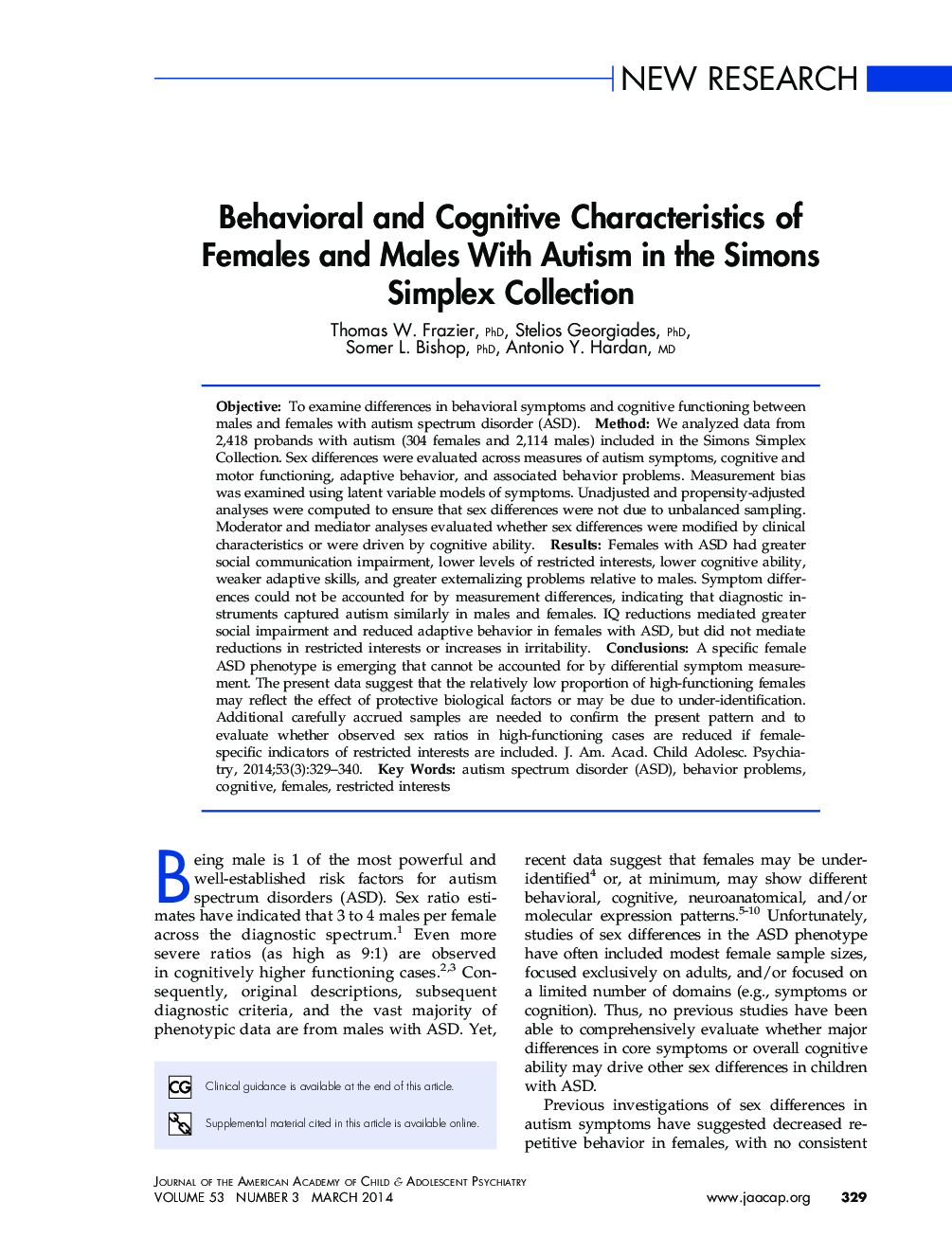 Behavioral and Cognitive Characteristics of Females and Males With Autism in the Simons Simplex Collection