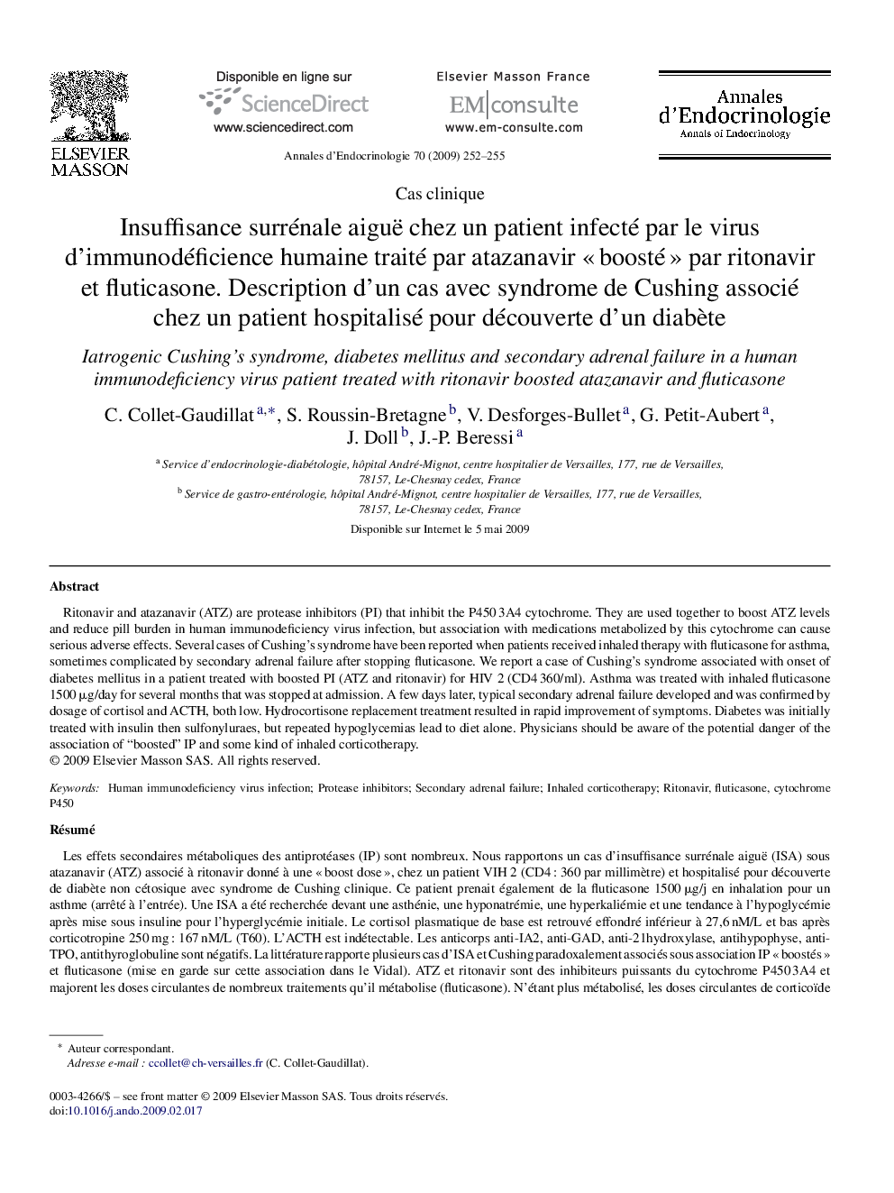 Insuffisance surrénale aiguë chez un patient infecté par le virus d’immunodéficience humaine traité par atazanavir « boosté » par ritonavir et fluticasone. Description d’un cas avec syndrome de Cushing associé chez un patient hospitalisé pour découverte d