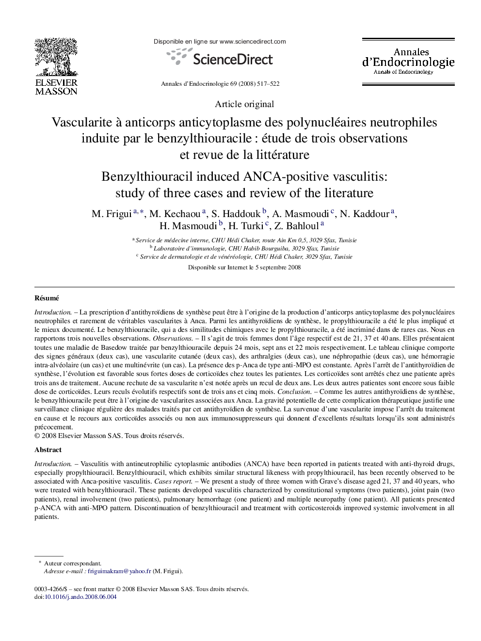 Vascularite à anticorps anticytoplasme des polynucléaires neutrophiles induite par le benzylthiouracile : étude de trois observations et revue de la littérature