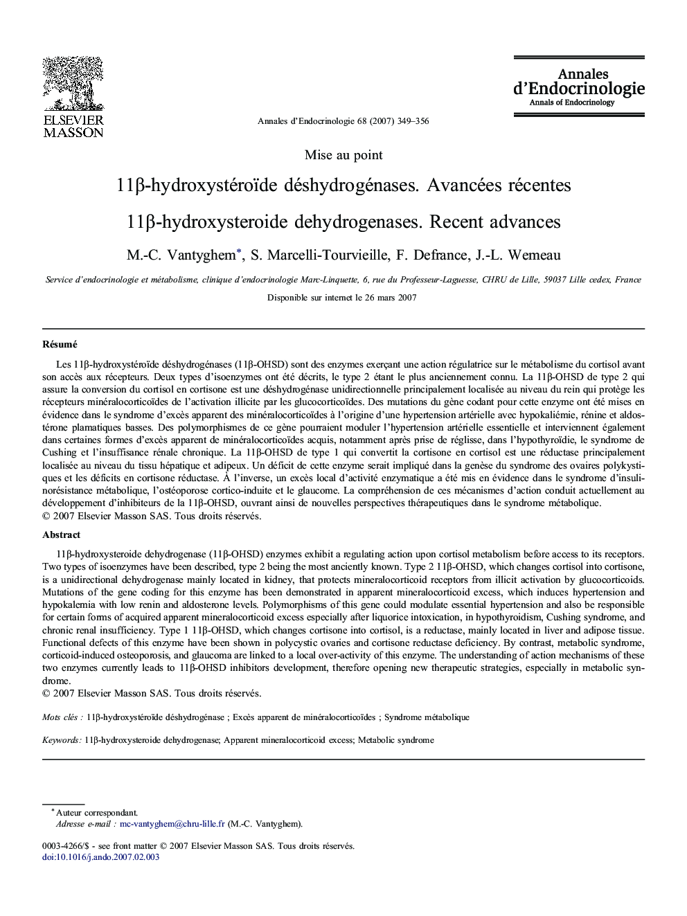 11β-hydroxystéroïde déshydrogénases. Avancées récentes