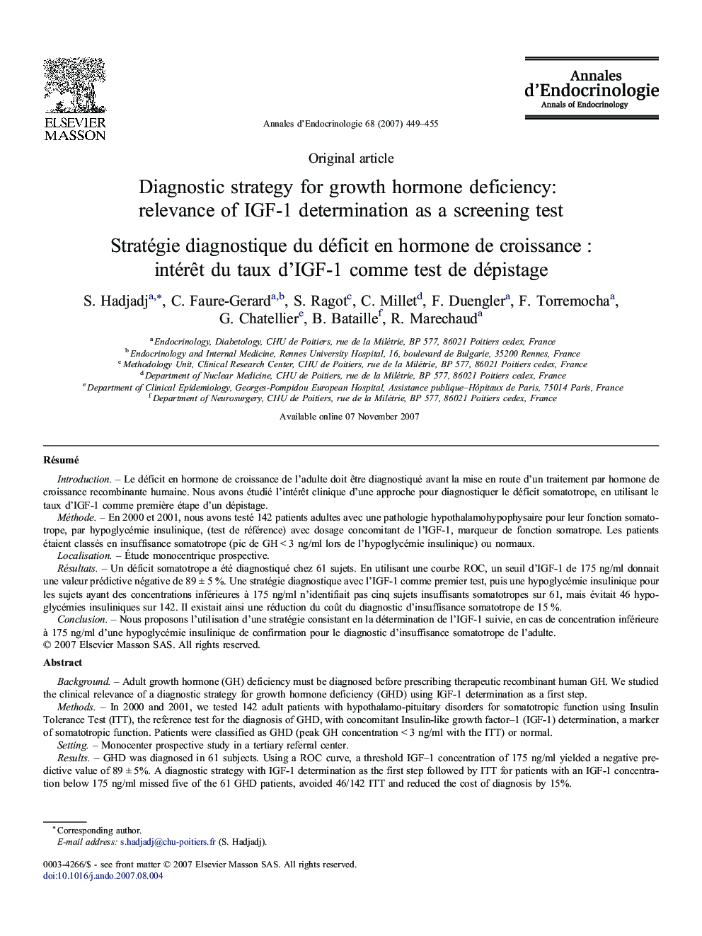 Diagnostic strategy for growth hormone deficiency: relevance of IGF-1 determination as a screening test