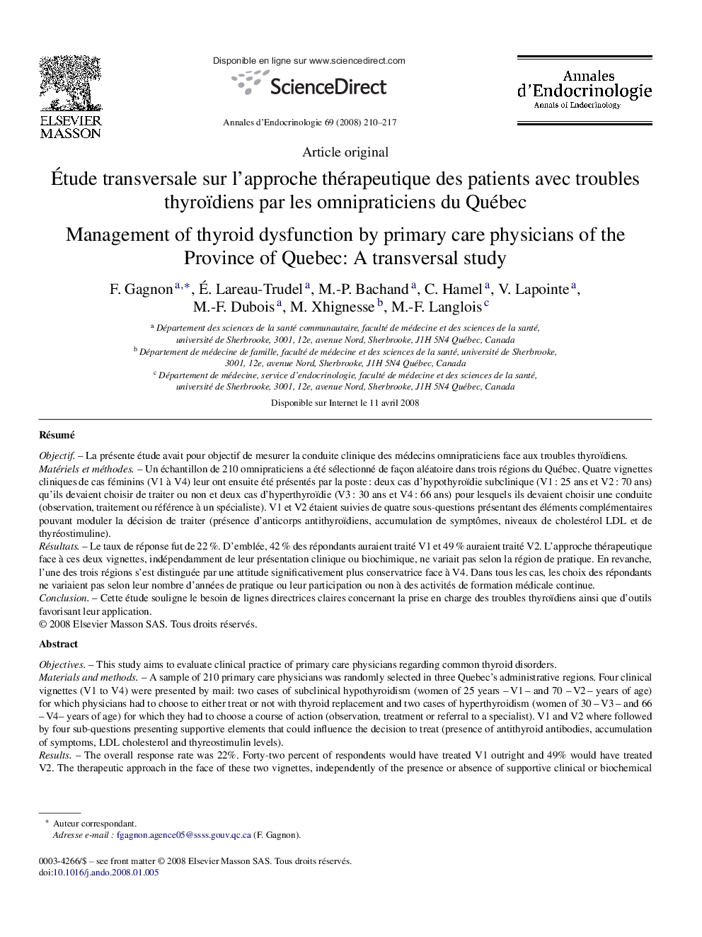 Ãtude transversale sur l'approche thérapeutique des patients avec troubles thyroïdiens par les omnipraticiens du Québec