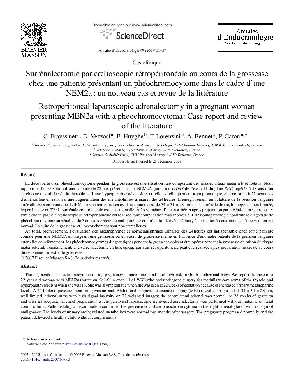 Surrénalectomie par cœlioscopie rétropéritonéale au cours de la grossesse chez une patiente présentant un phéochromocytome dans le cadre d’une NEM2a : un nouveau cas et revue de la littérature