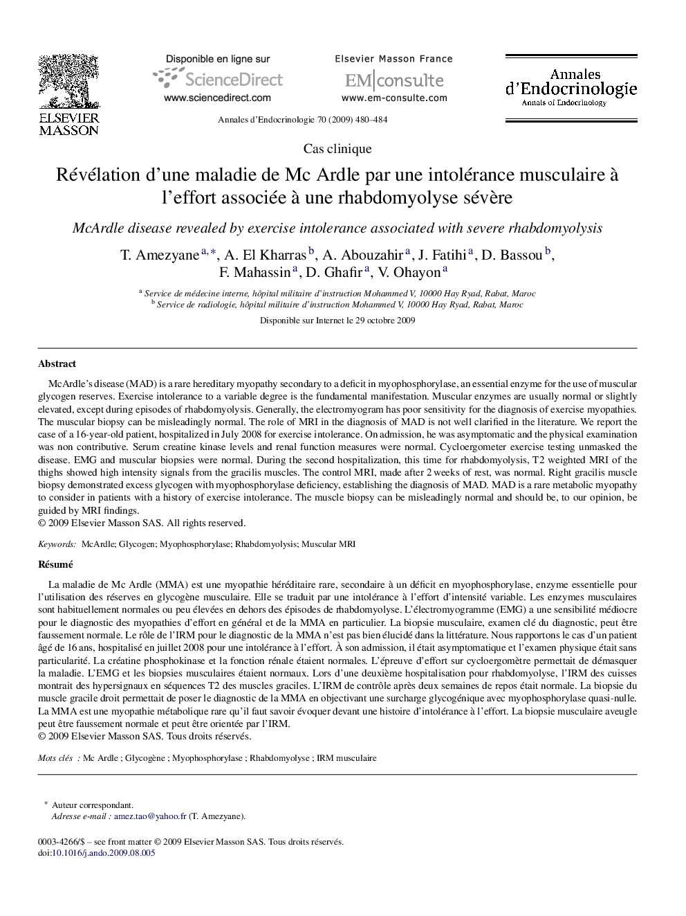 Révélation d’une maladie de Mc Ardle par une intolérance musculaire à l’effort associée à une rhabdomyolyse sévère