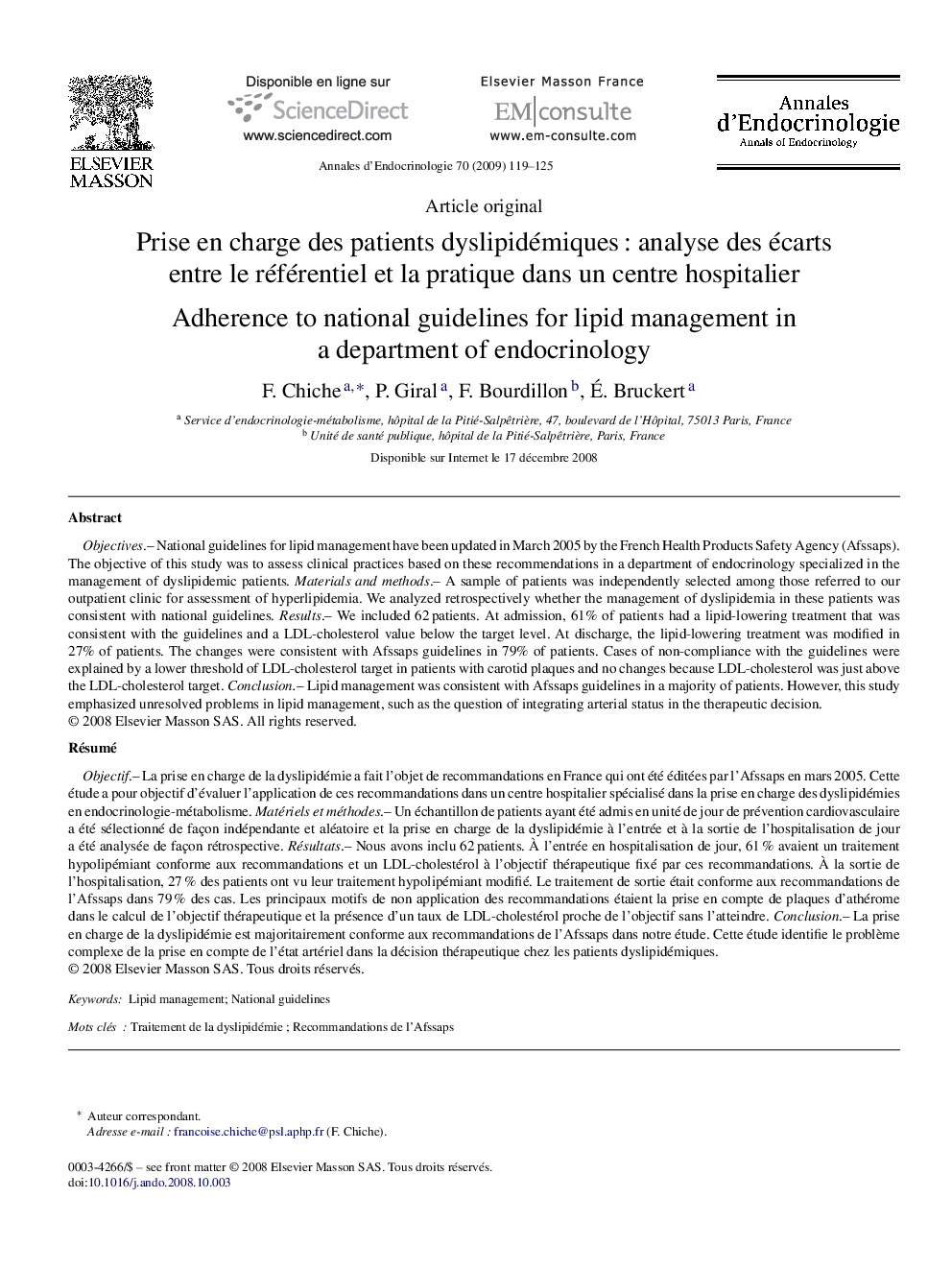 Prise en charge des patients dyslipidémiquesÂ : analyse des écarts entre le référentiel et la pratique dans un centre hospitalier