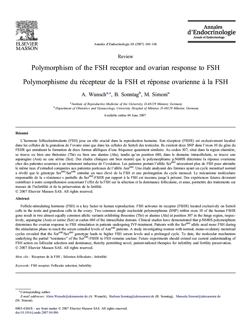 Polymorphism of the FSH receptor and ovarian response to FSH