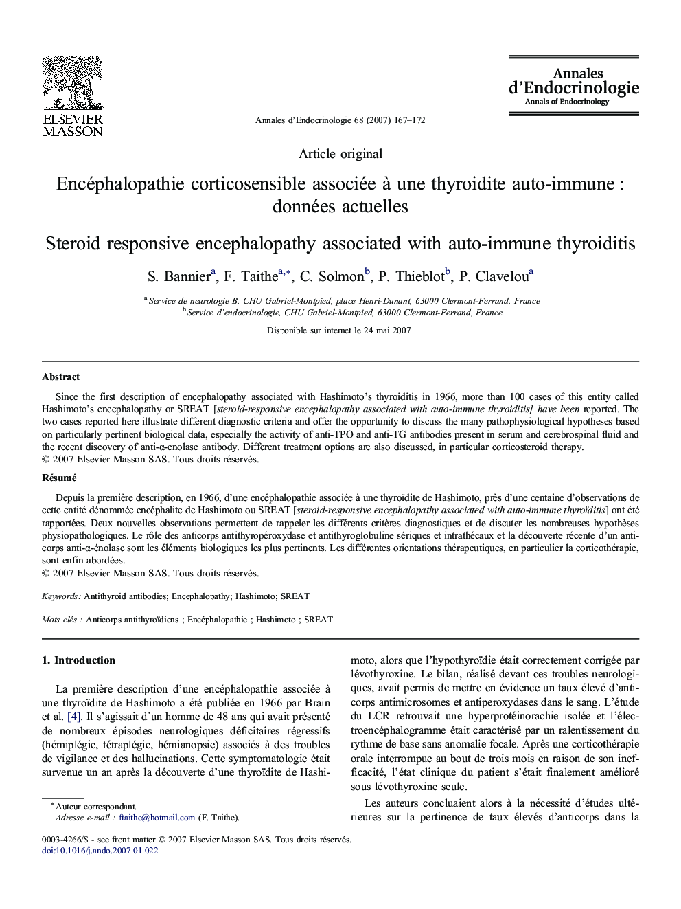 Encéphalopathie corticosensible associée à une thyroidite auto-immune : données actuelles