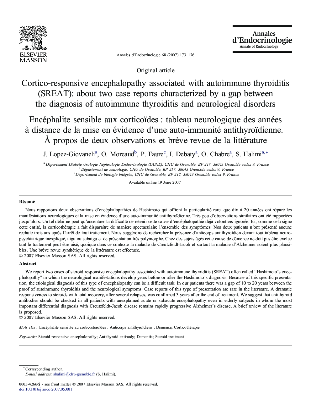 Cortico-responsive encephalopathy associated with autoimmune thyroiditis (SREAT): about two case reports characterized by a gap between the diagnosis of autoimmune thyroiditis and neurological disorders