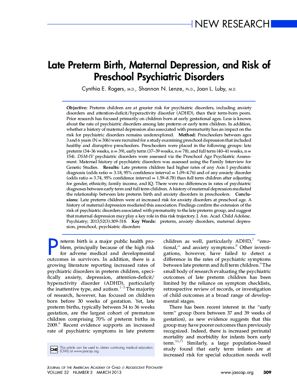 Late Preterm Birth, Maternal Depression, and Risk of Preschool Psychiatric Disorders 