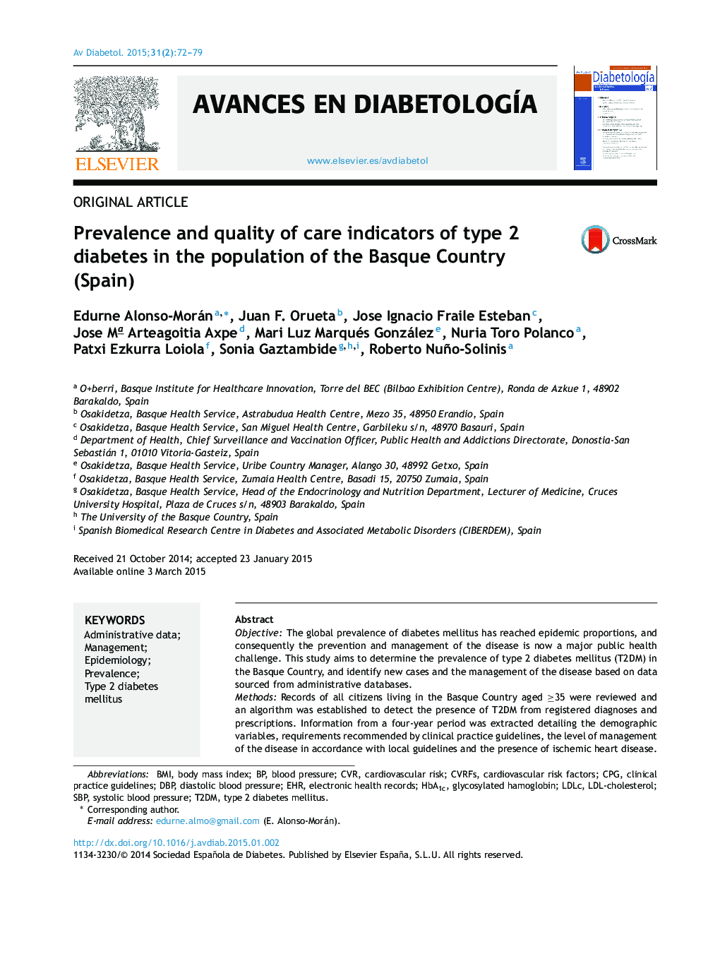 شیوع و کیفیت شاخص های مراقبت از دیابت نوع 2 در جمعیت کشور باسک (اسپانیا) 