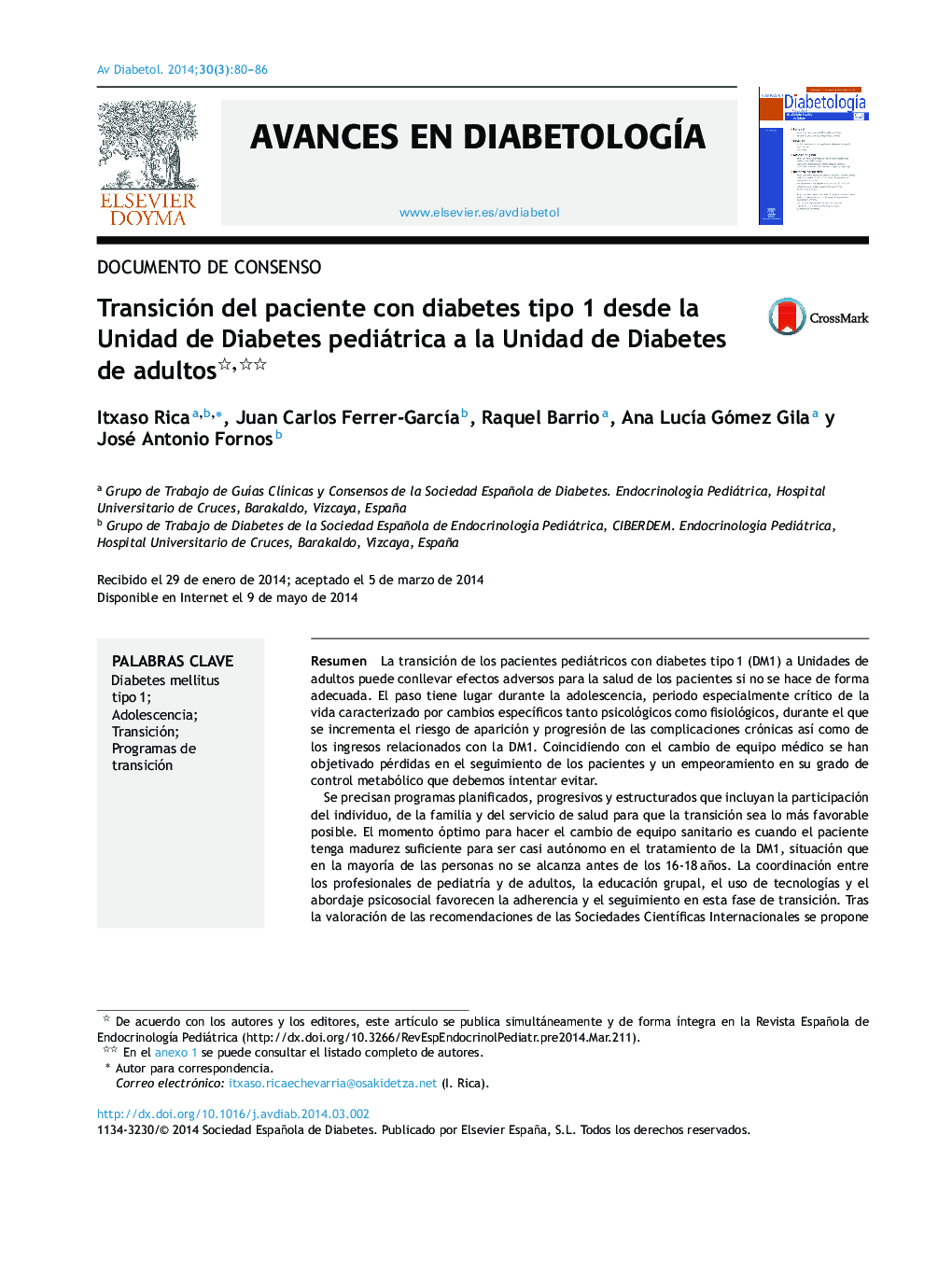 Transición del paciente con diabetes tipo 1 desde la Unidad de Diabetes pediátrica a la Unidad de Diabetes de adultos