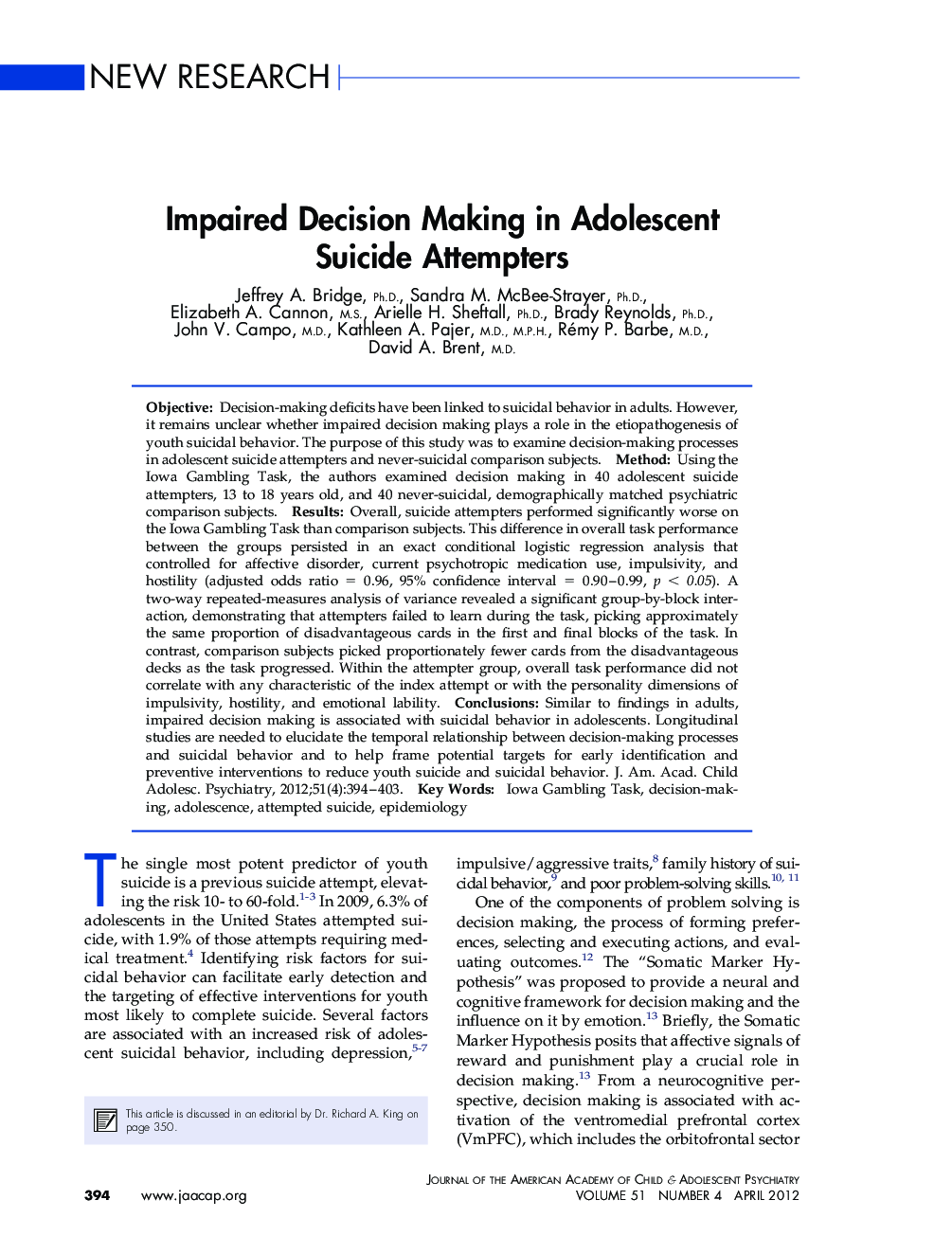 Impaired Decision Making in Adolescent Suicide Attempters 