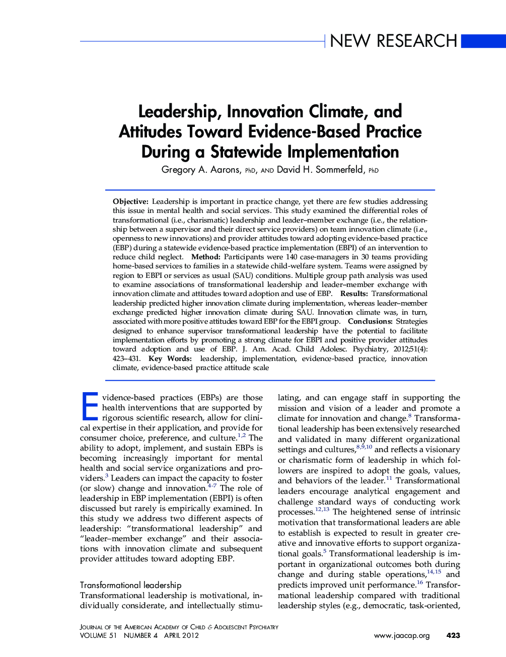 Leadership, Innovation Climate, and Attitudes Toward Evidence-Based Practice During a Statewide Implementation 