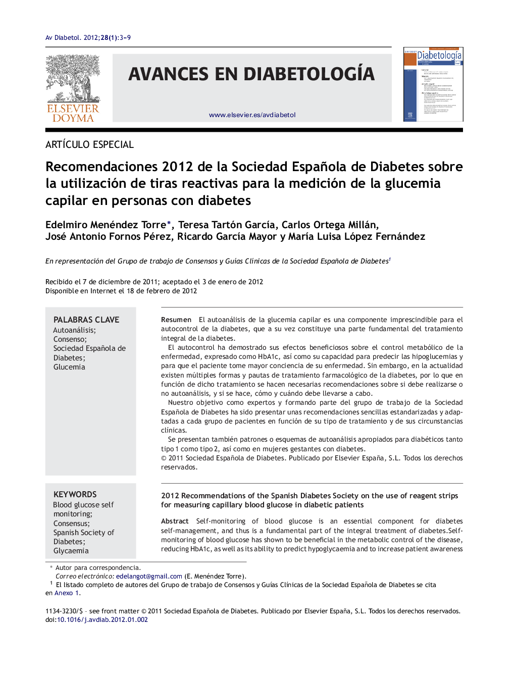 Recomendaciones 2012 de la Sociedad Española de Diabetes sobre la utilización de tiras reactivas para la medición de la glucemia capilar en personas con diabetes