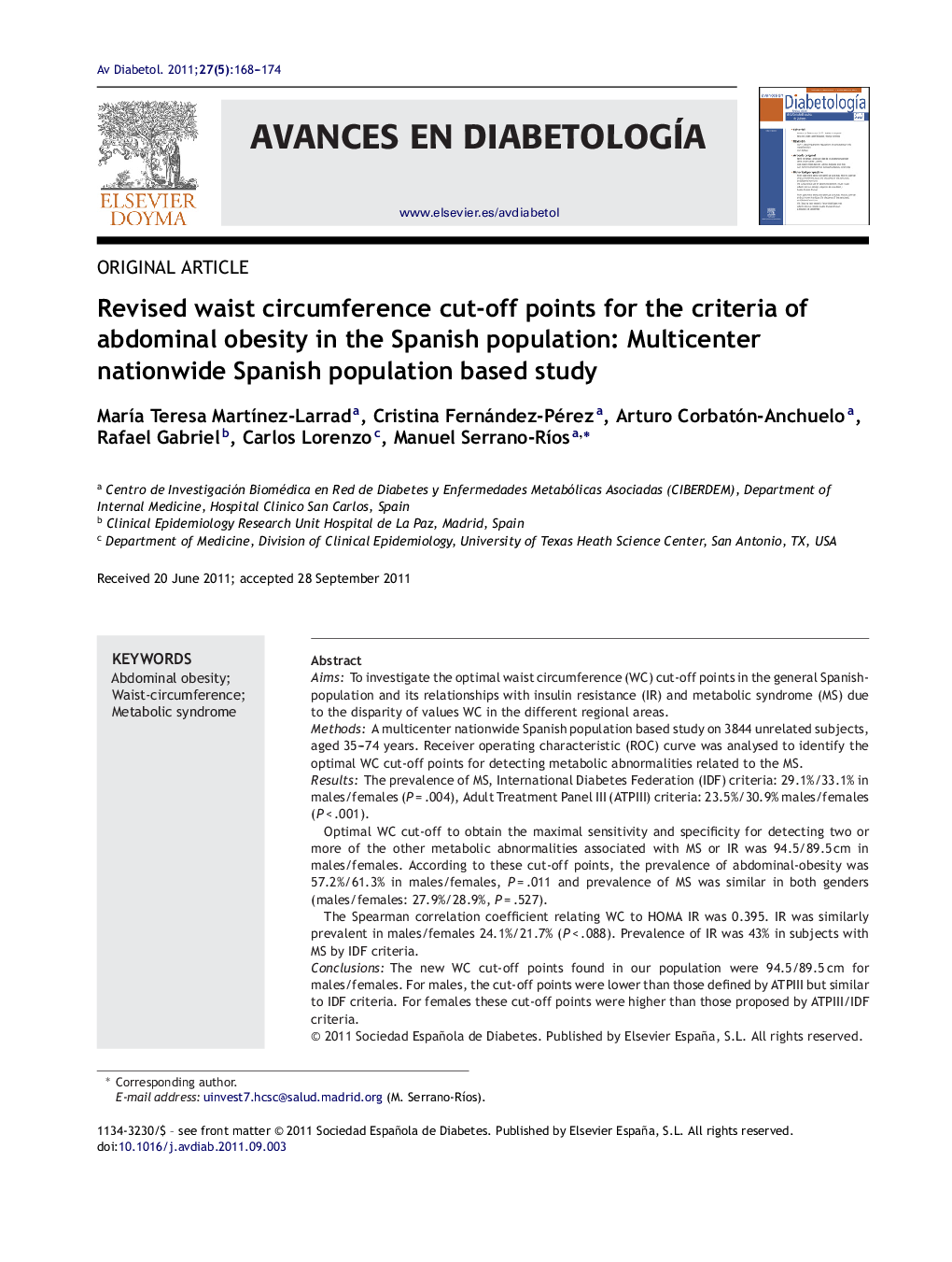 Revised waist circumference cut-off points for the criteria of abdominal obesity in the Spanish population: Multicenter nationwide Spanish population based study