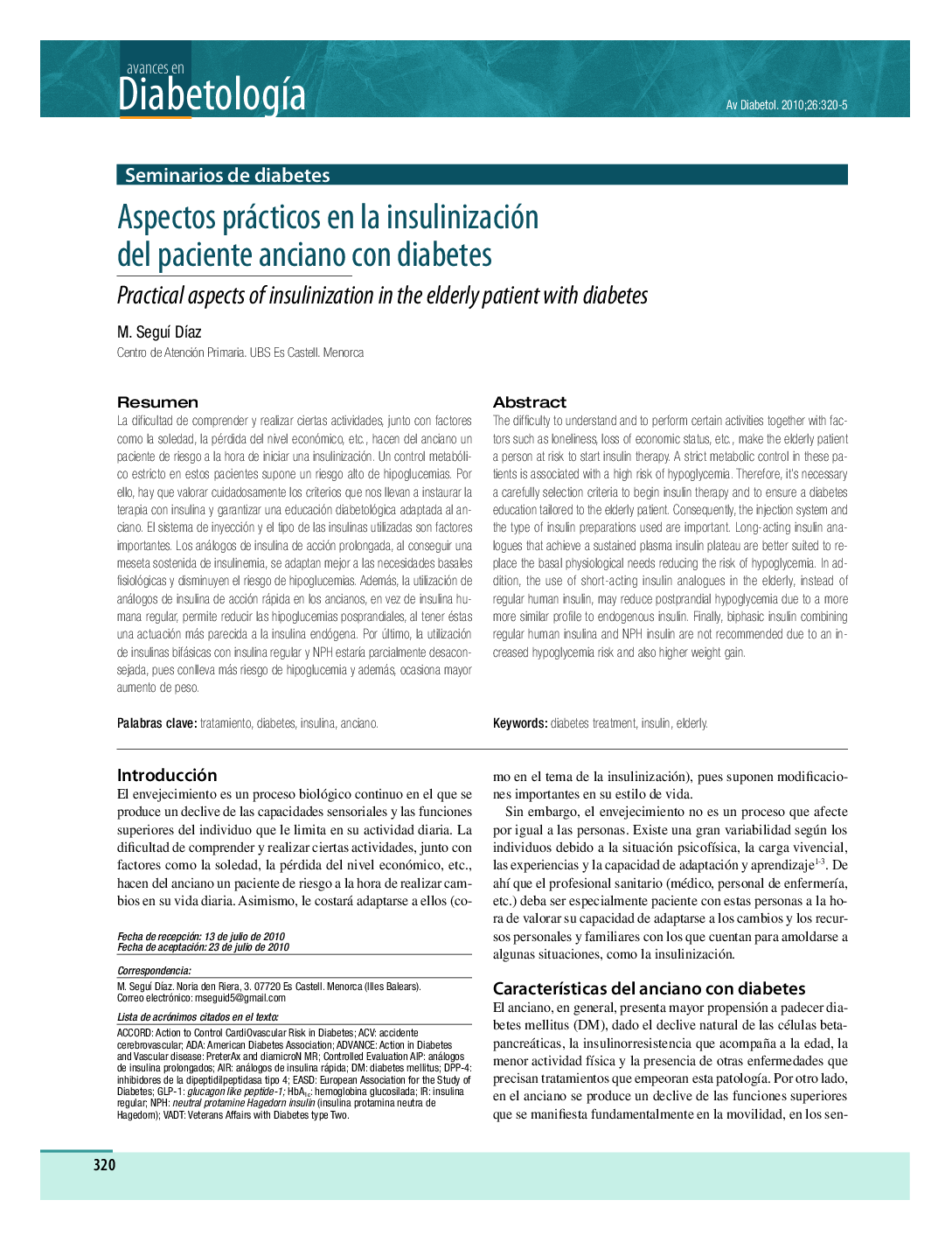 Aspectos prácticos en la insulinización del paciente anciano con diabetes