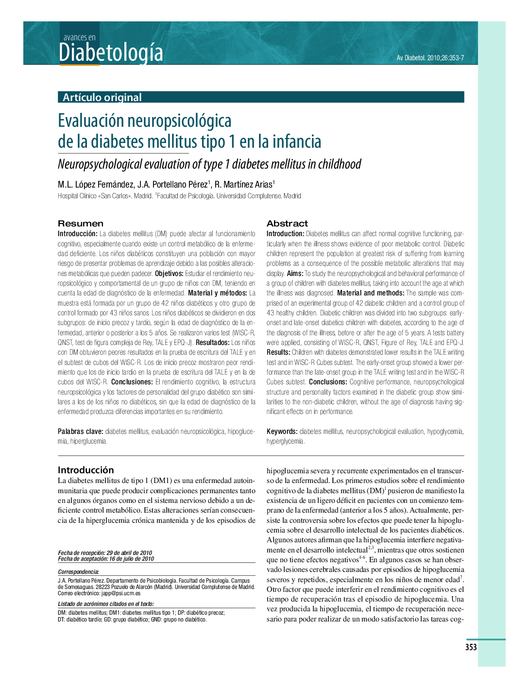 Evaluación neuropsicológica de la diabetes mellitus tipo 1 en la infancia