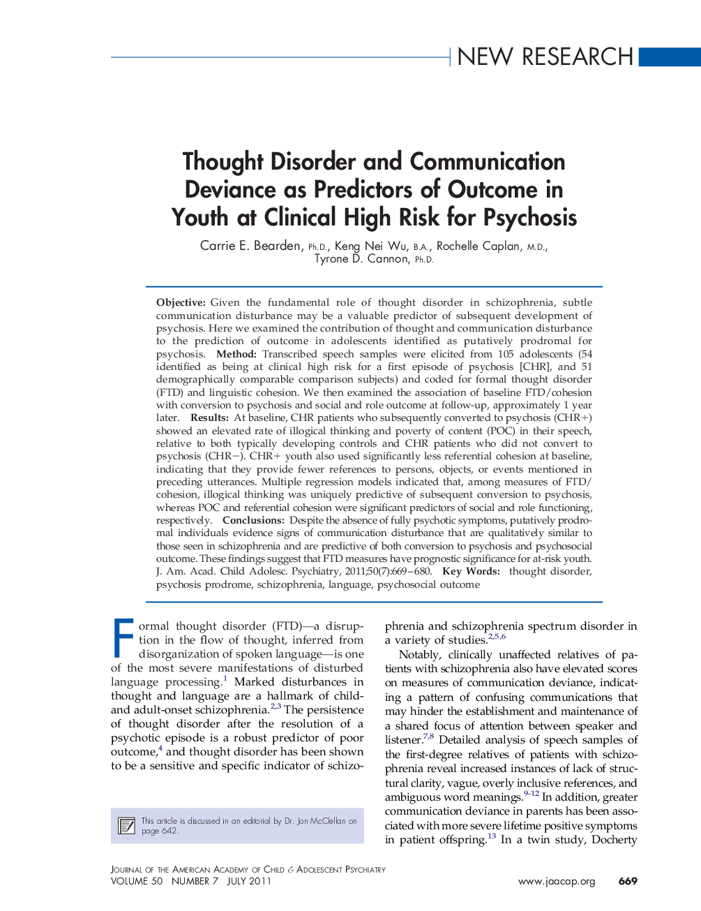 Thought Disorder and Communication Deviance as Predictors of Outcome in Youth at Clinical High Risk for Psychosis 