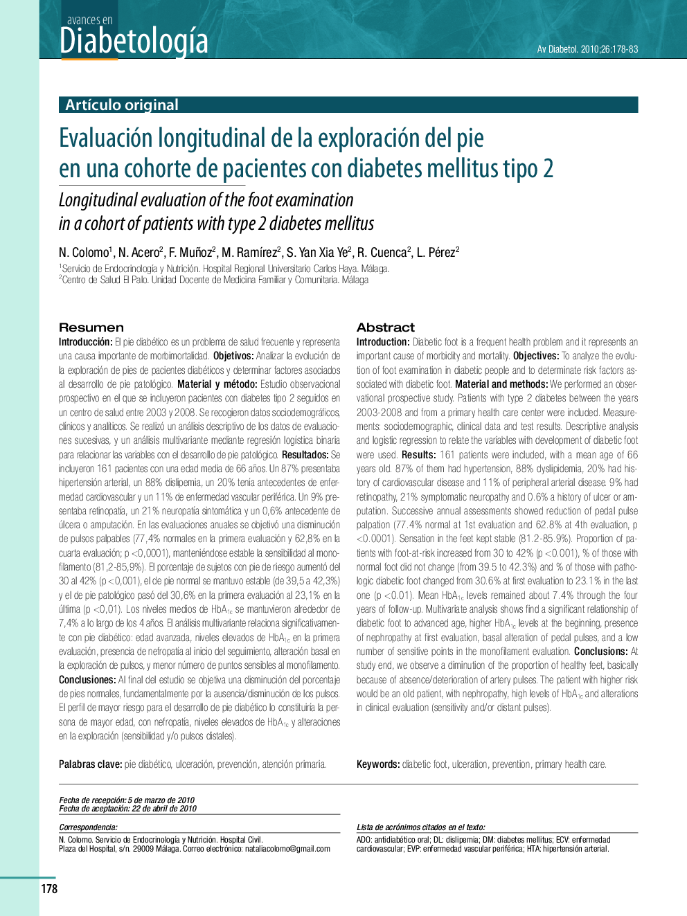 Evaluación longitudinal de la exploración del pie en una cohorte de pacientes con diabetes mellitus tipo 2