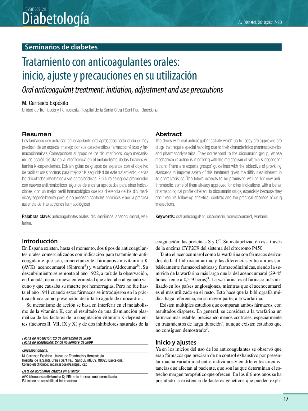 Tratamiento con anticoagulantes orales: inicio, ajuste y precauciones en su utilización