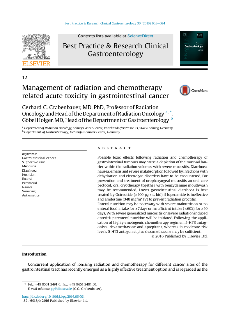 Management of radiation and chemotherapy related acute toxicity in gastrointestinal cancer