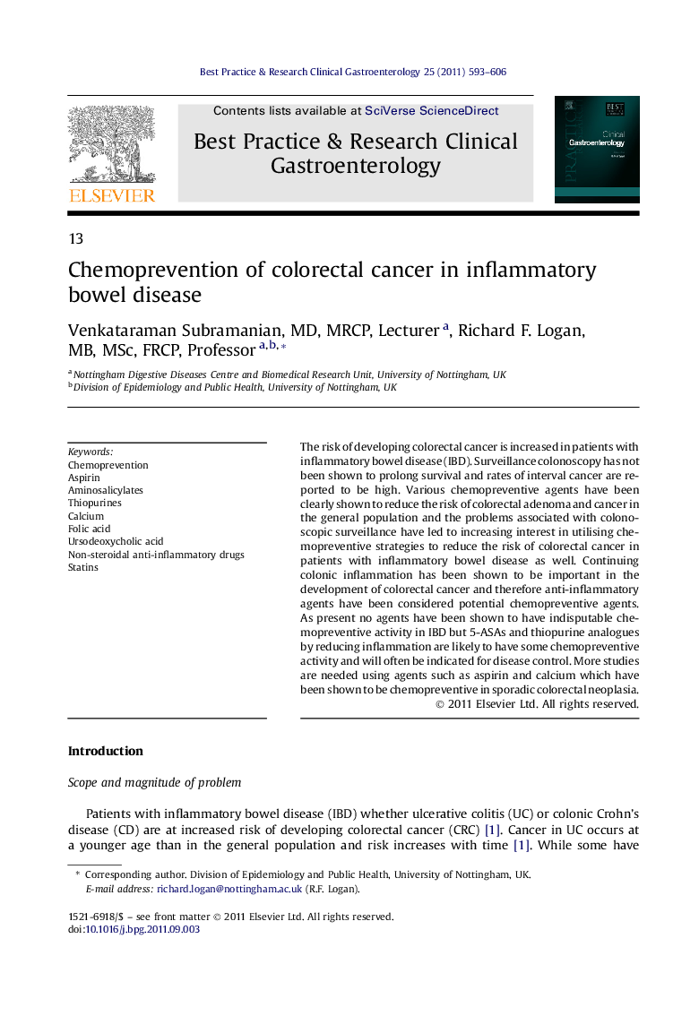 Chemoprevention of colorectal cancer in inflammatory bowel disease