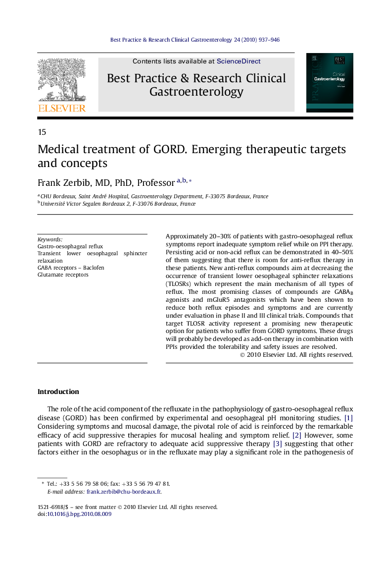 Medical treatment of GORD. Emerging therapeutic targets and concepts