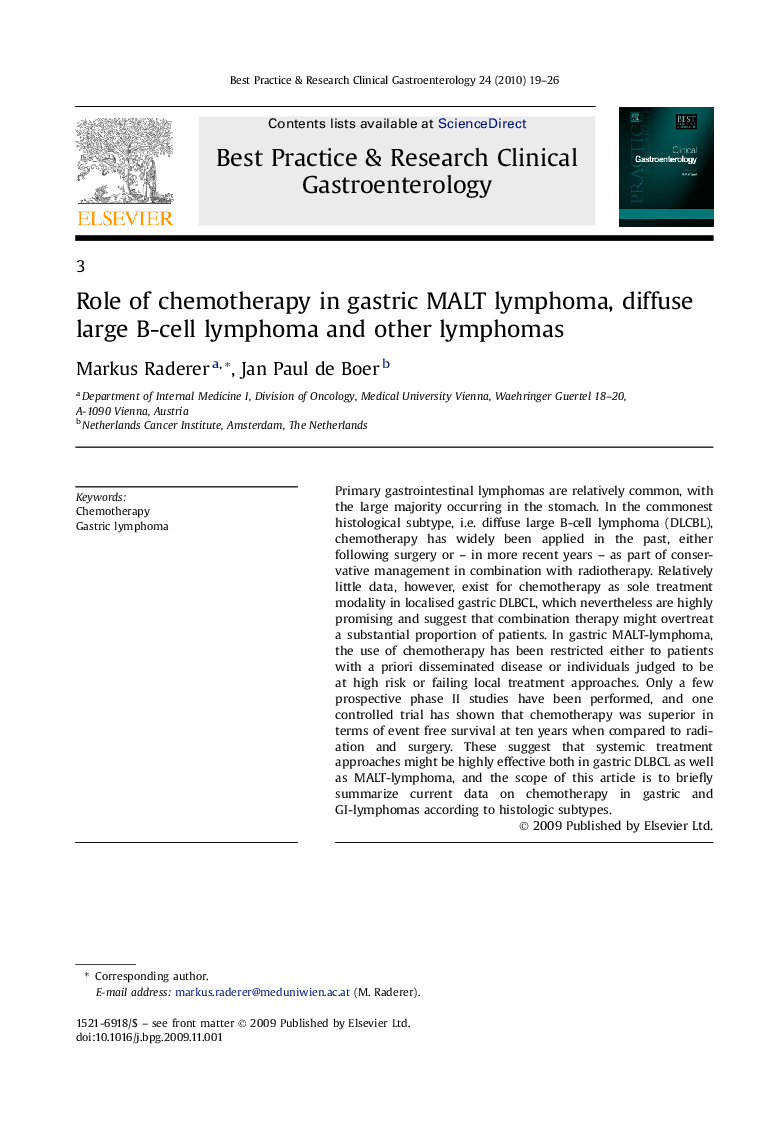 Role of chemotherapy in gastric MALT lymphoma, diffuse large B-cell lymphoma and other lymphomas