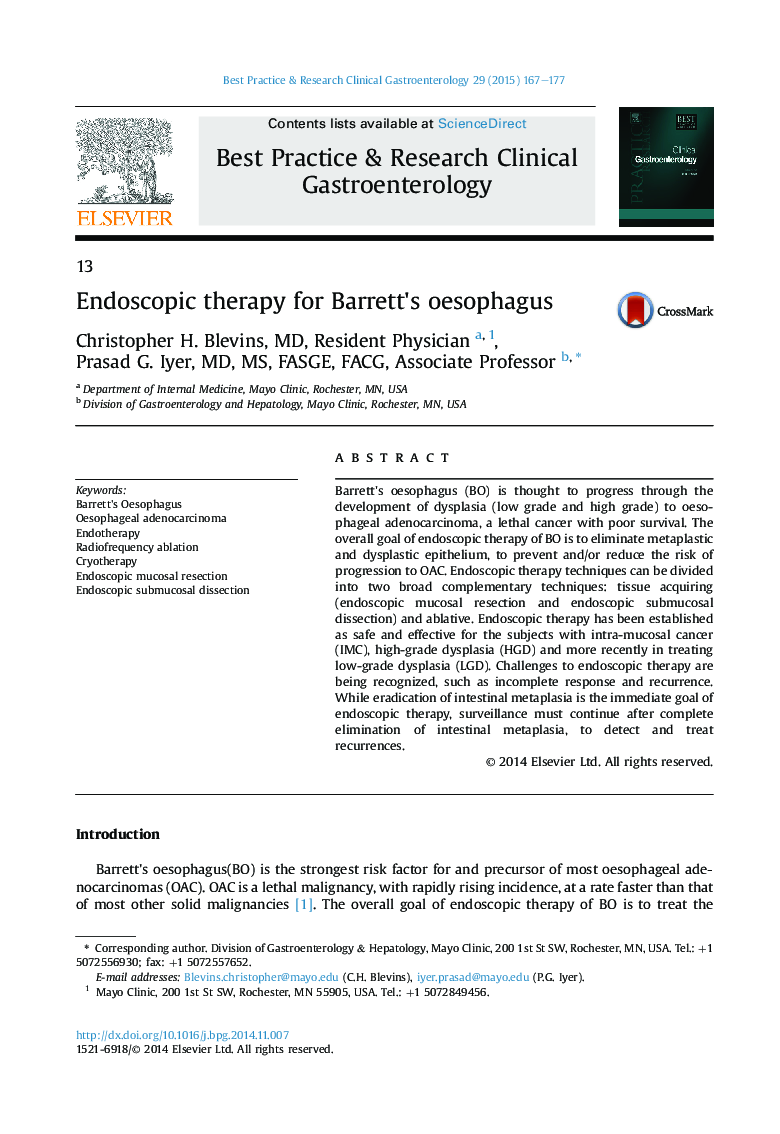Endoscopic therapy for Barrett's oesophagus