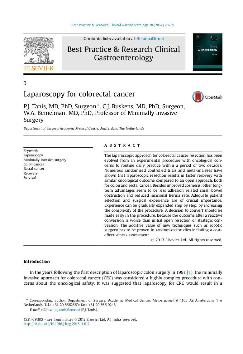 Laparoscopy for colorectal cancer