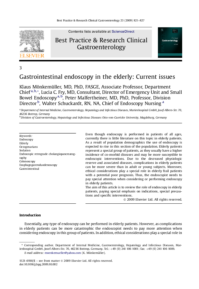 Gastrointestinal endoscopy in the elderly: Current issues