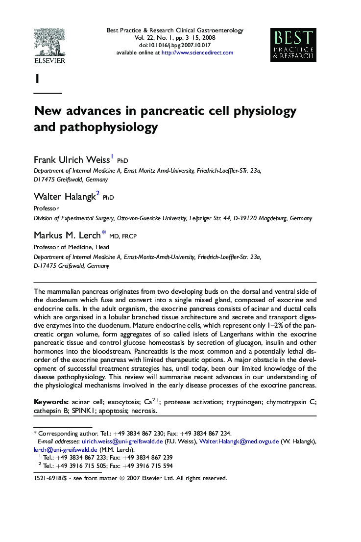 New advances in pancreatic cell physiology and pathophysiology