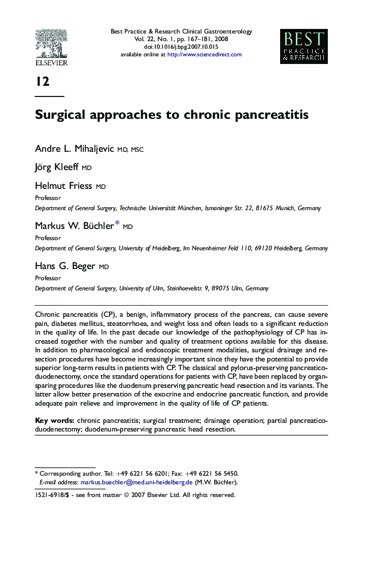 Surgical approaches to chronic pancreatitis