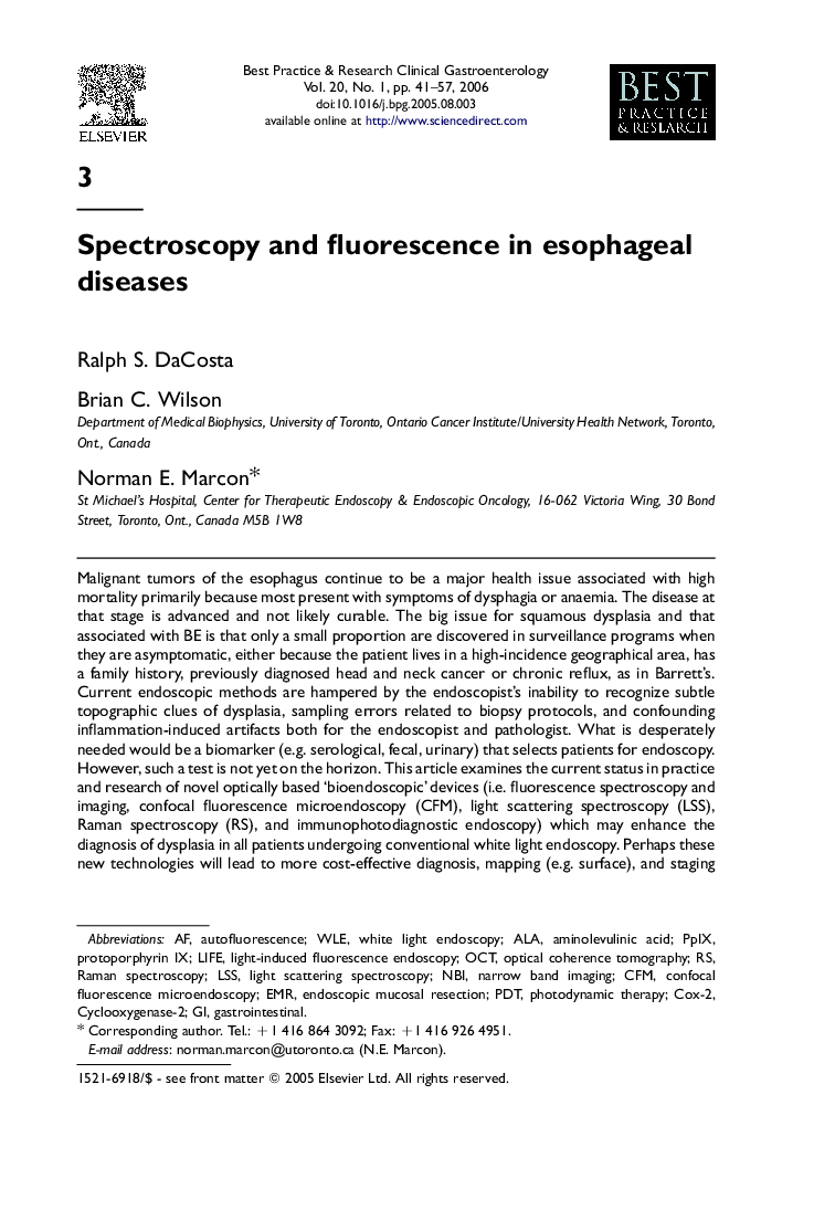 Spectroscopy and fluorescence in esophageal diseases