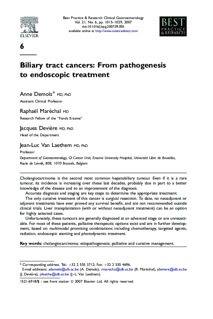 Biliary tract cancers: From pathogenesis to endoscopic treatment