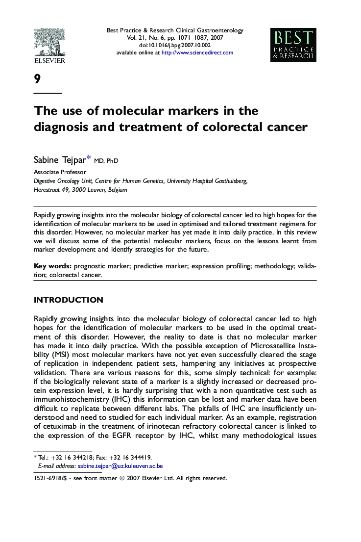 The use of molecular markers in the diagnosis and treatment of colorectal cancer