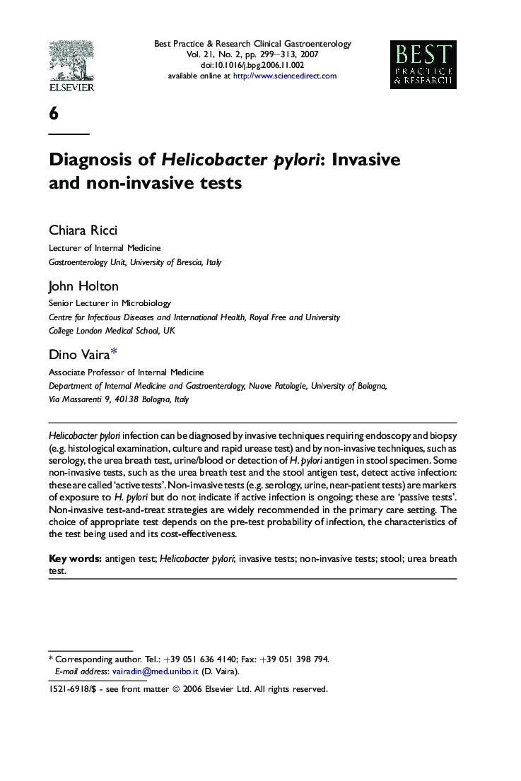 Diagnosis of Helicobacter pylori: Invasive and non-invasive tests