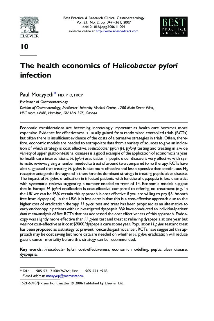 The health economics of Helicobacter pylori infection