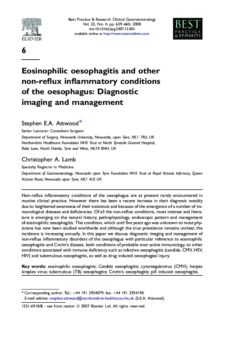 Eosinophilic oesophagitis and other non-reflux inflammatory conditions of the oesophagus: Diagnostic imaging and management