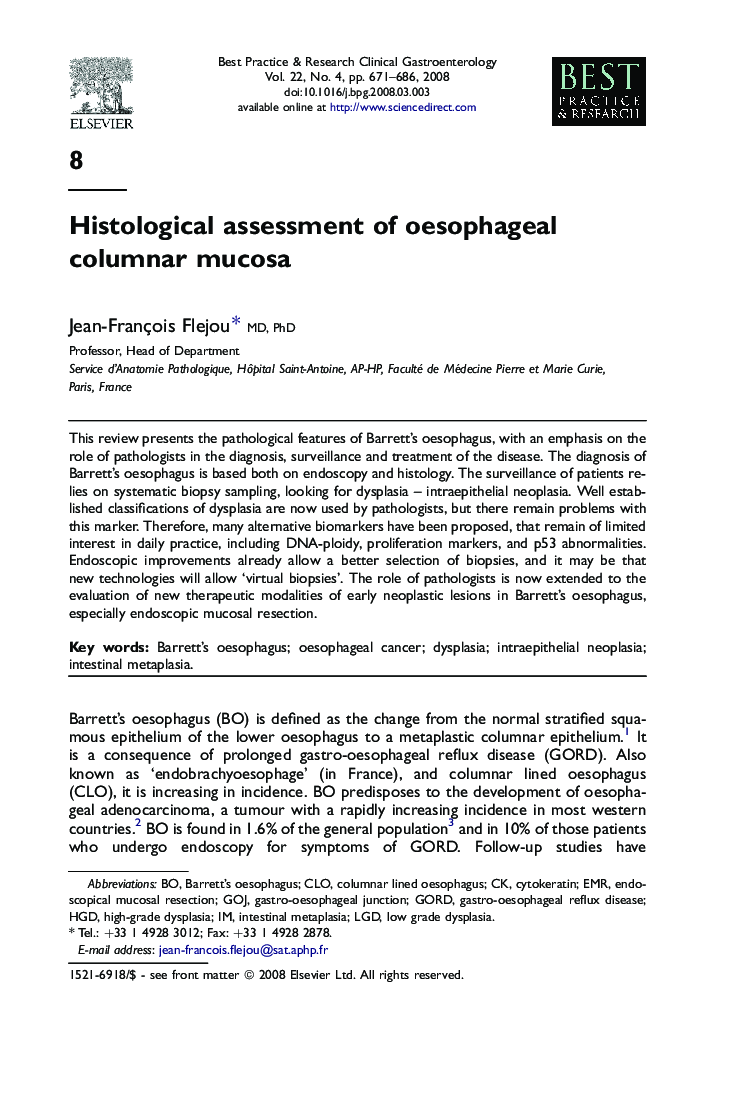 Histological assessment of oesophageal columnar mucosa