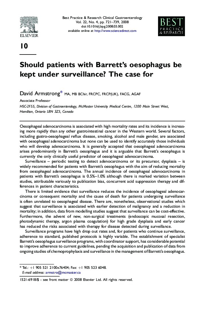 Should patients with Barrett's oesophagus be kept under surveillance? The case for