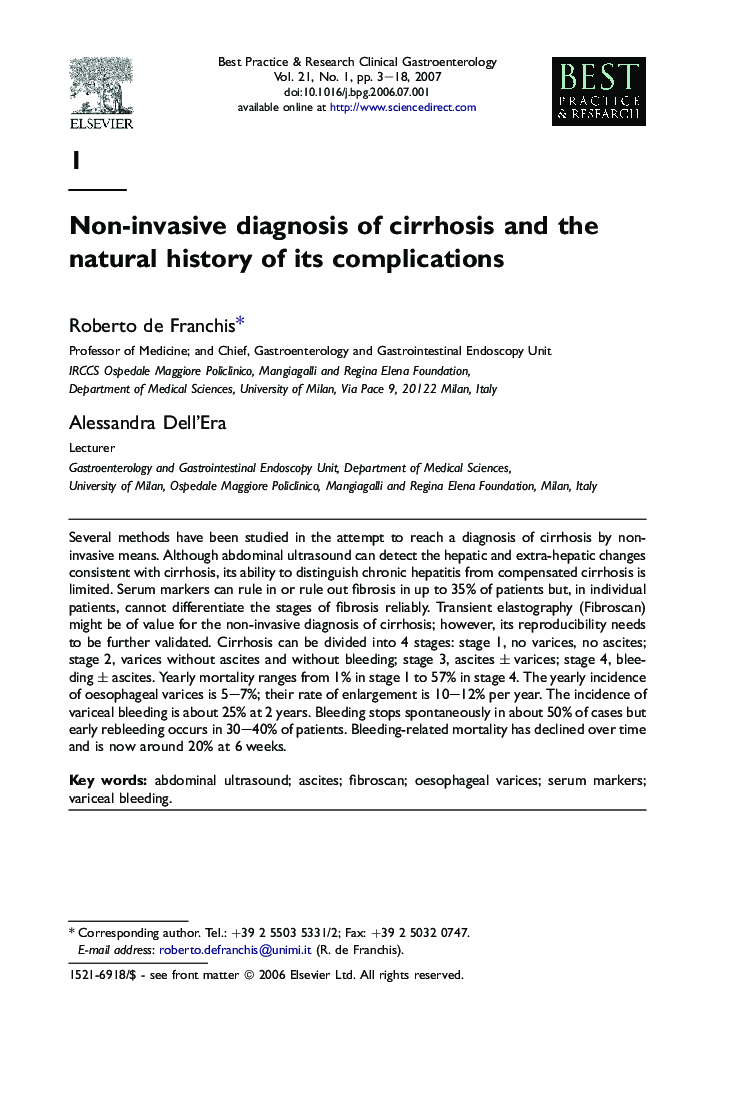 Non-invasive diagnosis of cirrhosis and the natural history of its complications