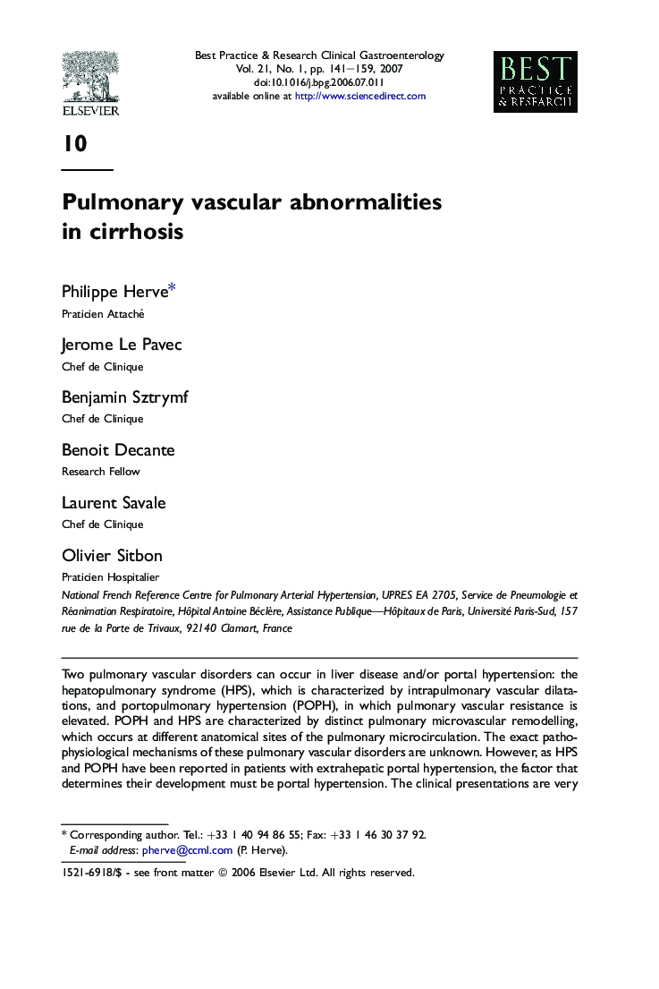 Pulmonary vascular abnormalities in cirrhosis