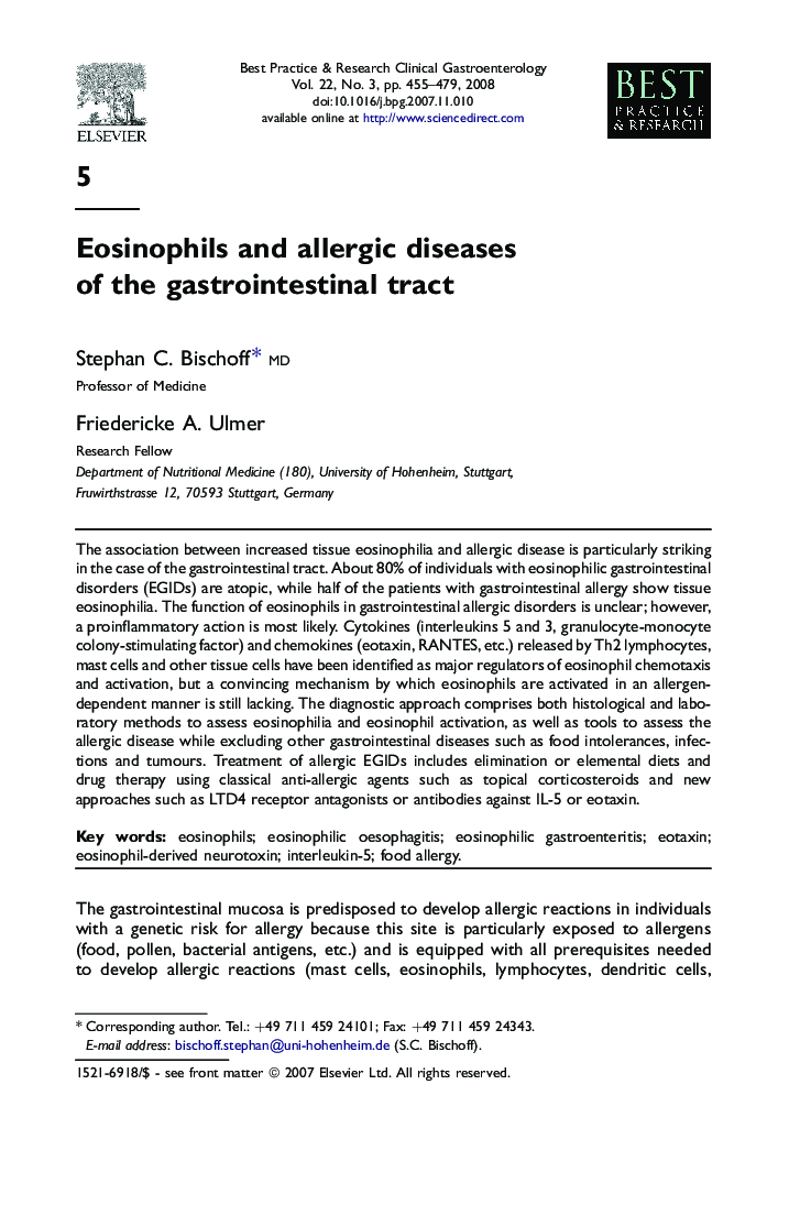 Eosinophils and allergic diseases of the gastrointestinal tract