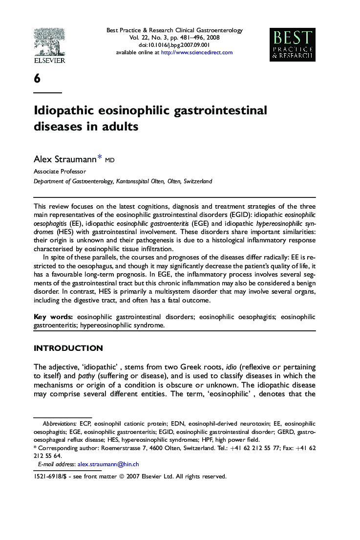 Idiopathic eosinophilic gastrointestinal diseases in adults