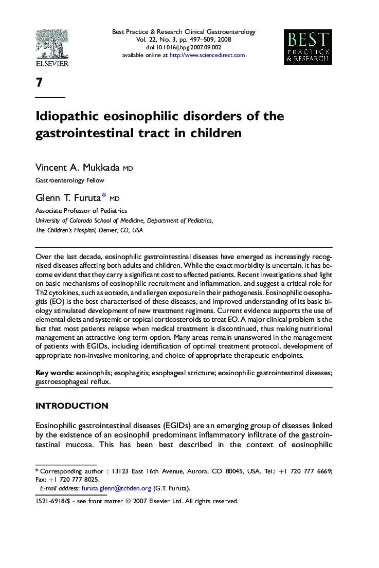 Idiopathic eosinophilic disorders of the gastrointestinal tract in children