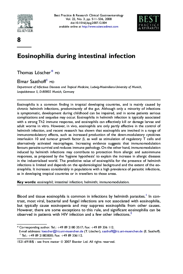 Eosinophilia during intestinal infection