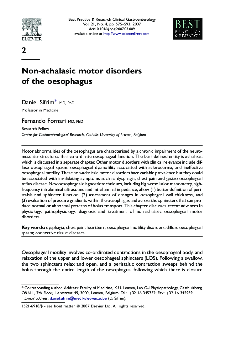 Non-achalasic motor disorders of the oesophagus