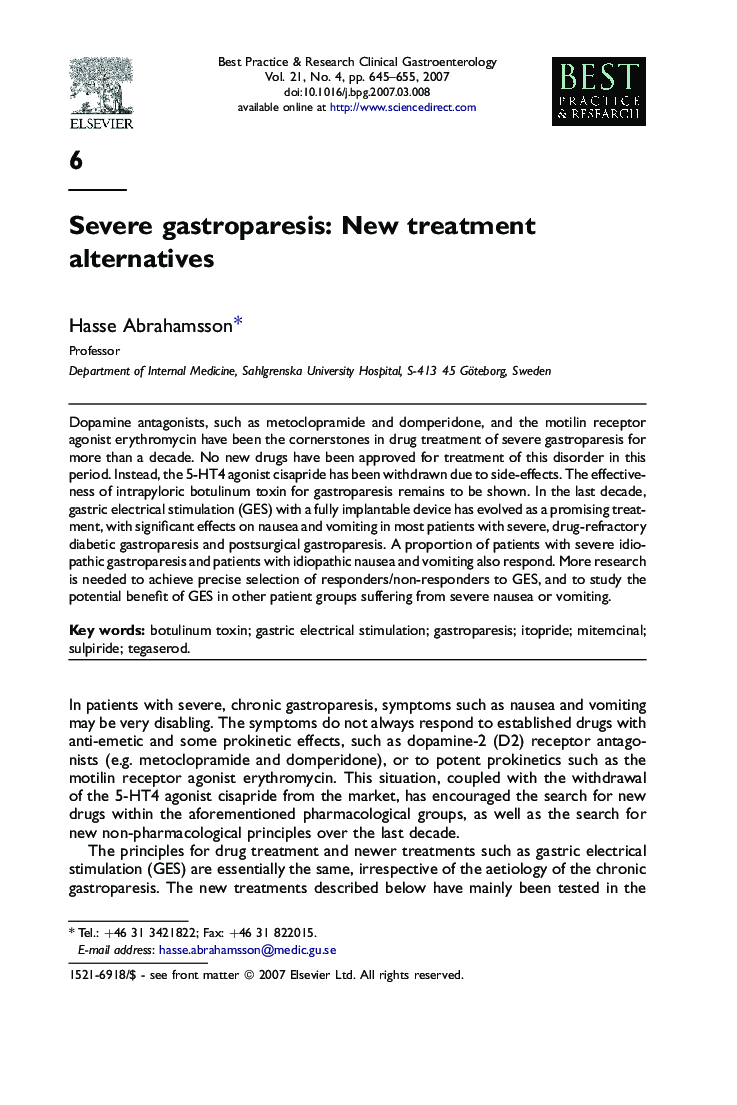 Severe gastroparesis: New treatment alternatives