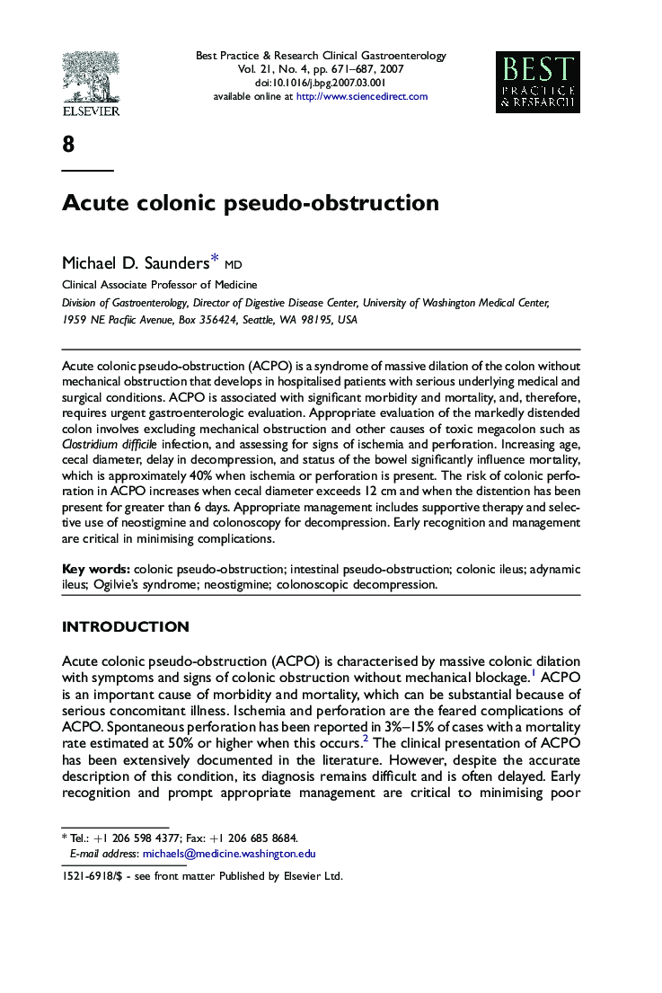 Acute colonic pseudo-obstruction